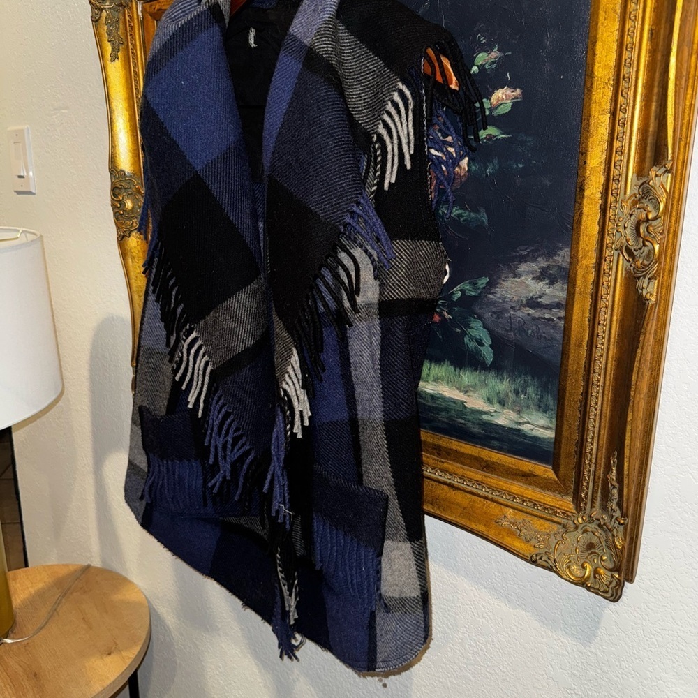 Donna Karan Blue Black Buffalo Plaid Wool Fringe Accent Draped Vest Size M